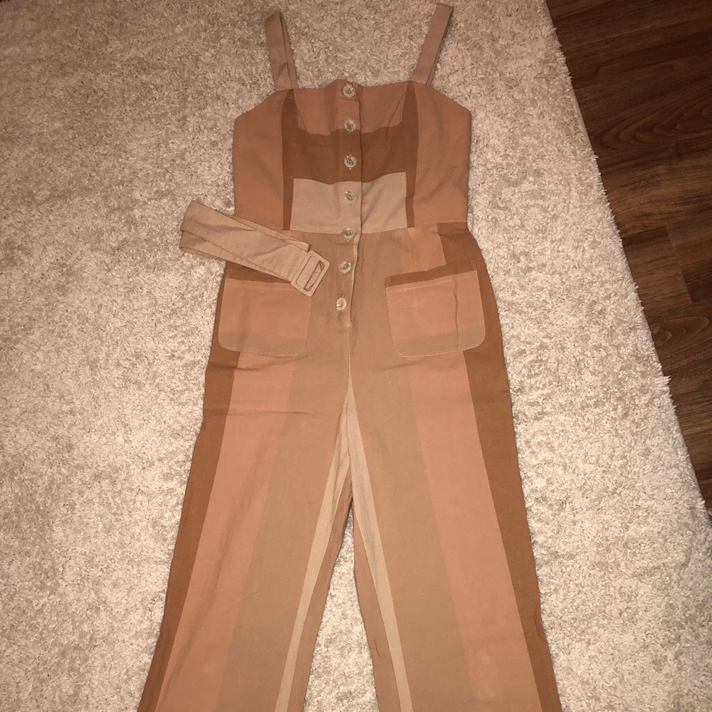 Free people button down tan jumpsuit with belt